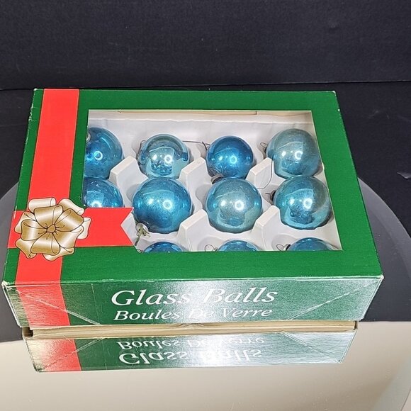 Vintage Glass Christmas Balls Ornaments Baubles BLUE Round Japan Caps Set Of 12 - Picture 11 of 14